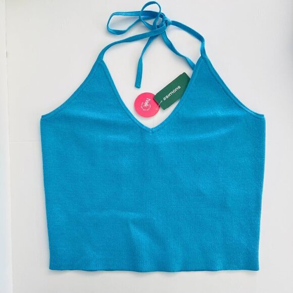 NWT Simons Twik Stripe Halter Crop Top Blue Sz L - Picture 1 of 8